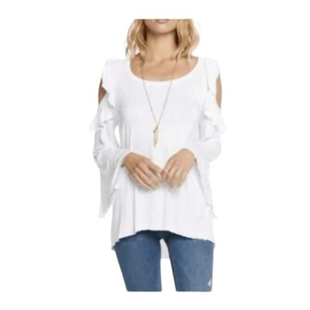Chaser Ruffle Cold Shoulder Top White Cotton Knit Bell Long‎ Sleeve S